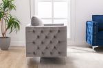 Modern Velvet Armchair Tufted Button Accent Chair Club Chair with Steel Legs for Living Room Bedroom,Grey