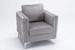 Modern Velvet Armchair Tufted Button Accent Chair Club Chair with Steel Legs for Living Room Bedroom,Grey