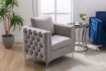 Modern Velvet Armchair Tufted Button Accent Chair Club Chair with Steel Legs for Living Room Bedroom,Grey
