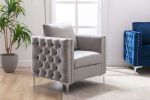 Modern Velvet Armchair Tufted Button Accent Chair Club Chair with Steel Legs for Living Room Bedroom,Grey