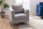 Modern Velvet Armchair Tufted Button Accent Chair Club Chair with Steel Legs for Living Room Bedroom,Grey