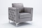 Modern Velvet Armchair Tufted Button Accent Chair Club Chair with Steel Legs for Living Room Bedroom,Grey
